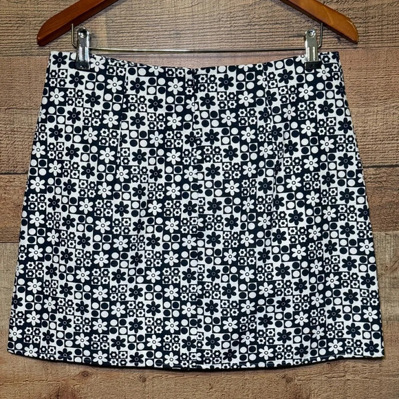 🌻ELODIE Checkered Flower A-Line Mini Skirt Navy White size Large Geometric - Picture 2 of 5